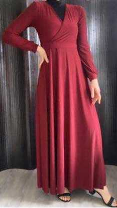 Picture of Bordo kruvaze yaka uzun elbise