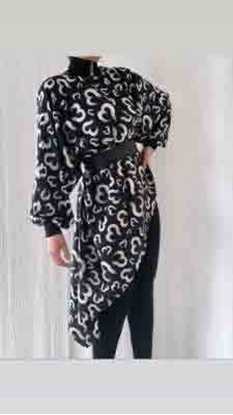 Picture of desenli-asimetrik siyah bluz-kemerli